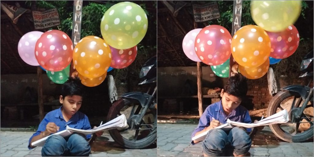 boy sell balloon and study on night at roadside street light