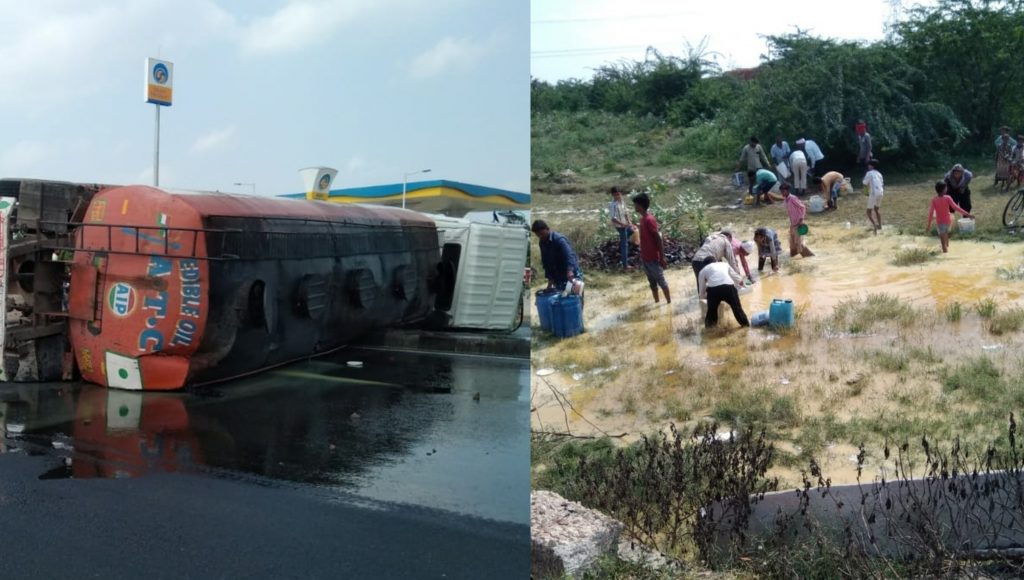 crowd trying to filling oil after refined tanker overturned