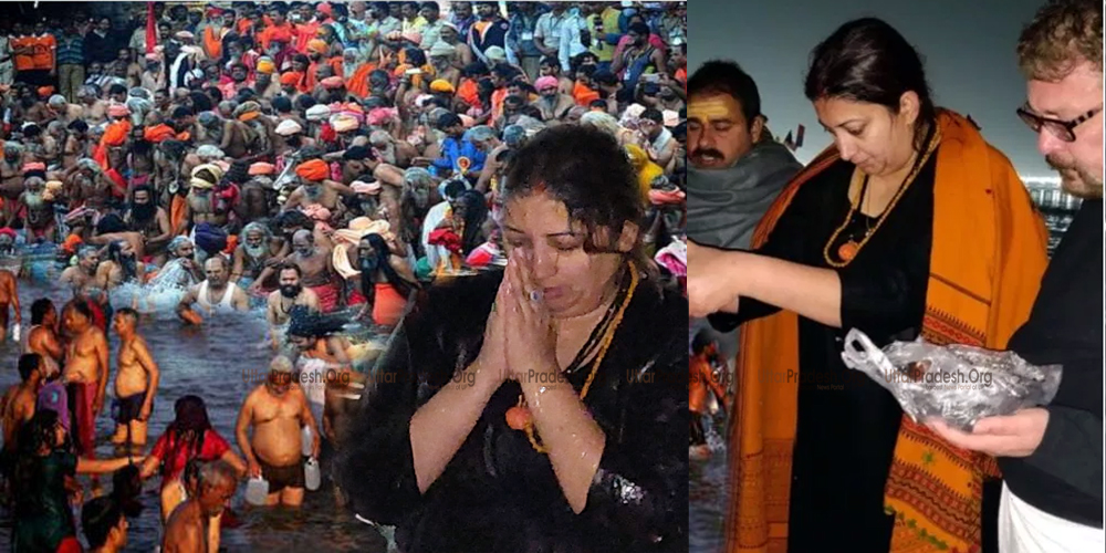 Smriti Irani First Shahi Snan Saints Devotees Holy Dip into Triveni Sangam Kumbh Mela